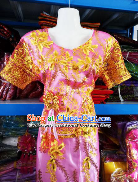 Chinese Dai Nationality Embroidered Outfit Costumes Traditional Dai Ethnic Folk Dance Pink Blouse and Straight Skirt Full Set