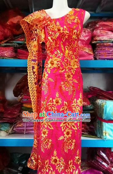 Traditional Chinese Dai Nationality Embroidered Rosy Outfit Costumes Dai Ethnic Dance Blouse and Straight Skirt with Tippet Veil