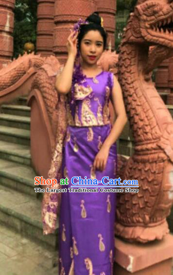 Traditional Chinese Dai Nationality Purple Blouse and Straight Skirt Outfit Dai Ethnic Dance Costumes with Tippet Veil