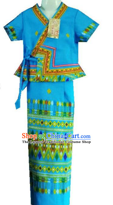 Chinese Dai Nationality Girl Dress Costumes Traditional Dai Ethnic Children Blue Blouse and Straight Skirt for Kids