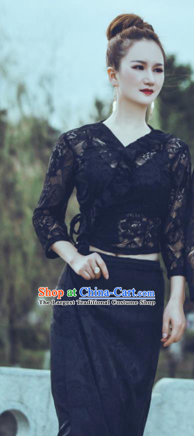 Traditional Chinese Dai Nationality Black Lace Blouse and Straight Skirt Outfit Dai Ethnic Dance Fashion Costumes