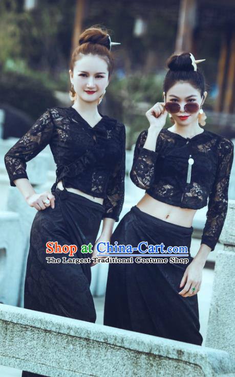 Traditional Chinese Dai Nationality Black Lace Blouse and Straight Skirt Outfit Dai Ethnic Dance Fashion Costumes