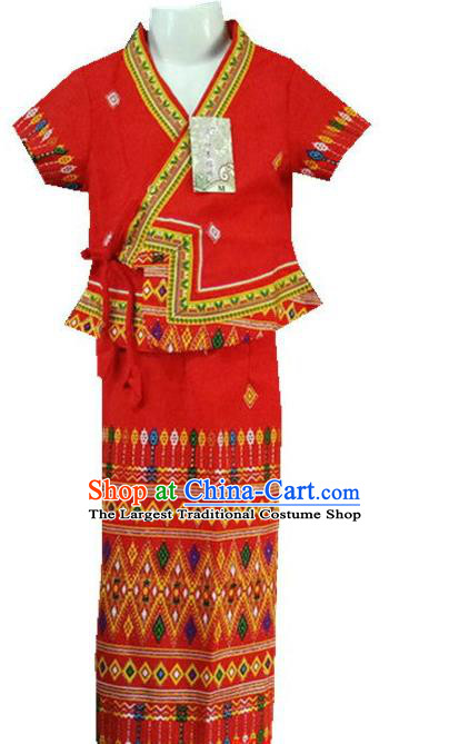 Chinese Dai Nationality Girl Dress Costumes Traditional Dai Ethnic Children Red Blouse and Straight Skirt for Kids