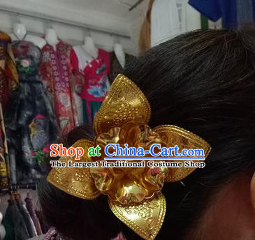 Chinese Dai Nationality Water Sprinkling Festival Tassel Hairpin Traditional Ethnic Dance Hair Accessories Handmade Golden Flowers Hair Clip for Women