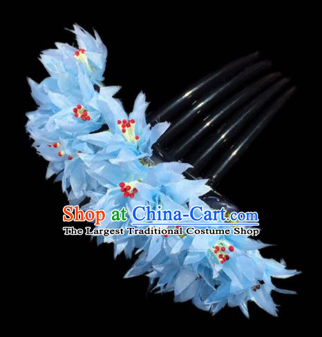 Chinese Dai Nationality Dance Blue Silk Flowers Hairpin Traditional Ethnic Hair Accessories Handmade Hair Comb for Women