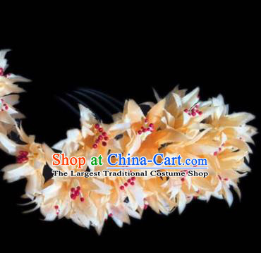 Chinese Dai Nationality Dance Orange Silk Flowers Hairpin Traditional Ethnic Hair Accessories Handmade Hair Comb for Women