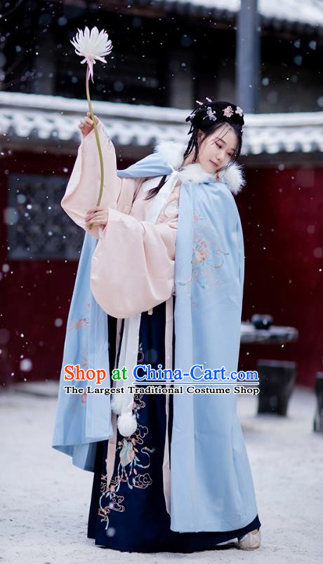 Chinese Ming Dynasty Embroidered Blue Woolen Cloak Costumes Traditional Ancient Hanfu Garment Winter Long Cape for Women
