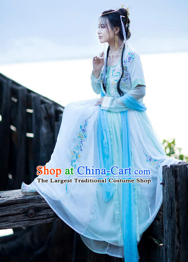 Chinese Tang Dynasty Embroidered Costumes Traditional Ancient Patrician Lady Hanfu Garment Top Blouse and Skirt Full Set