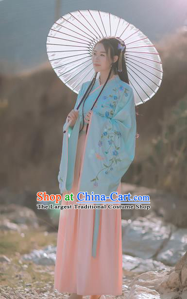 Chinese Jin Dynasty Patrician Lady Costumes Traditional Ancient Princess Hanfu Garment Embroidered Blouse and Skirt Full Set