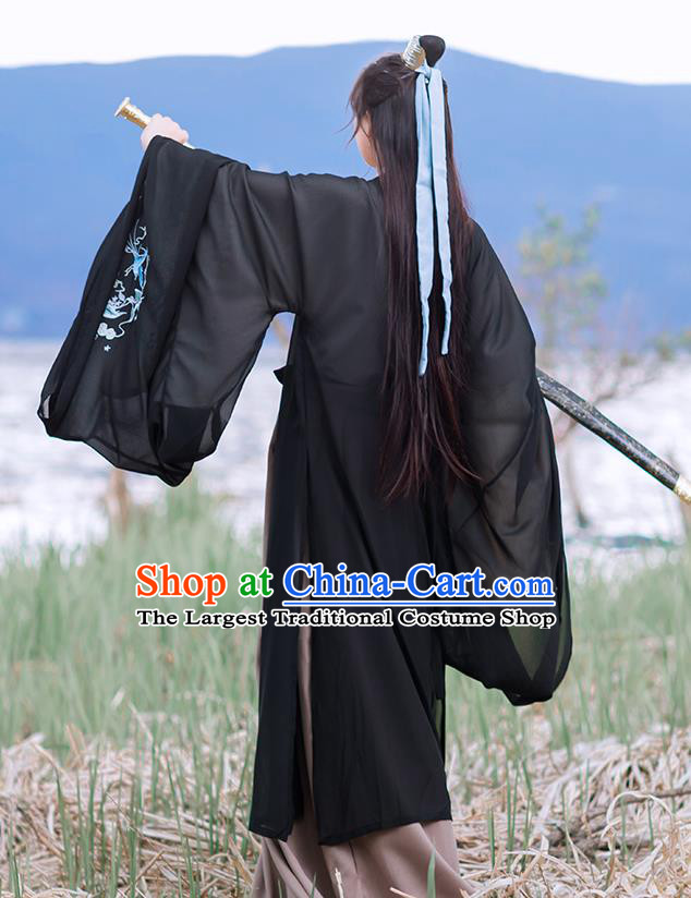 Chinese Jin Dynasty Young Swordsman Costumes Traditional Ancient Scholar Hanfu Garment Embroidered Black Cape Shirt and Skirt Full Set