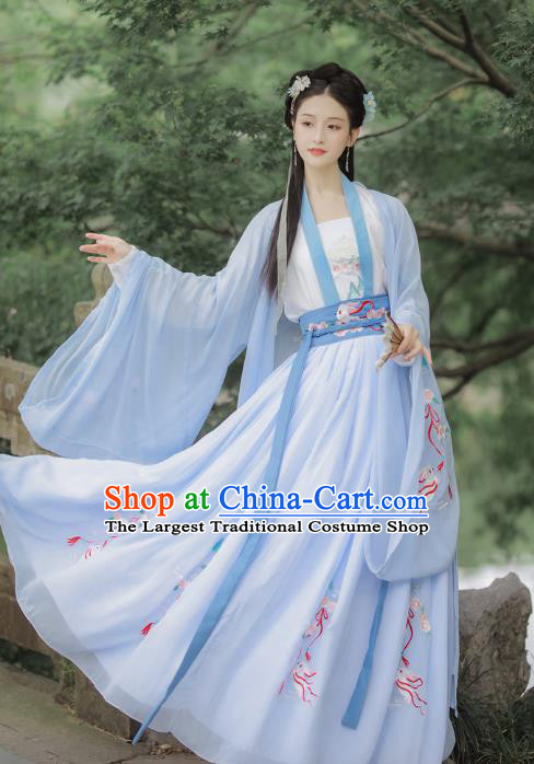 Chinese Tang Dynasty Costumes Ancient Noble Lady Embroidered Blue Cape Blouse and Skirt Traditional Hanfu Apparels