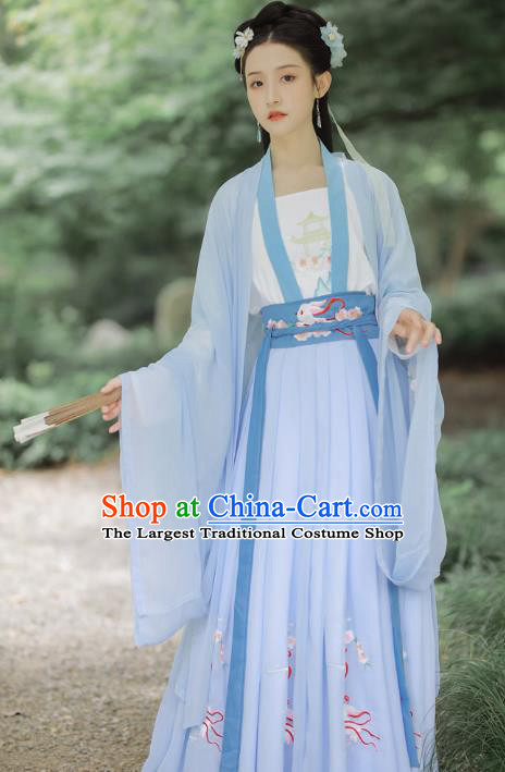 Chinese Tang Dynasty Costumes Ancient Noble Lady Embroidered Blue Cape Blouse and Skirt Traditional Hanfu Apparels