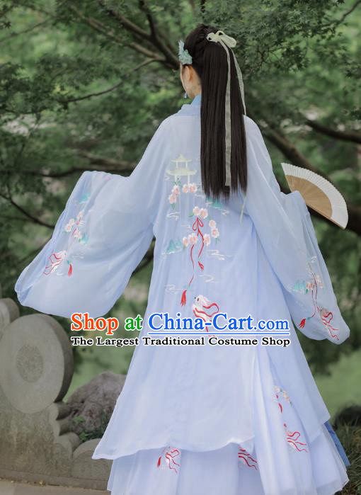 Chinese Tang Dynasty Costumes Ancient Noble Lady Embroidered Blue Cape Blouse and Skirt Traditional Hanfu Apparels