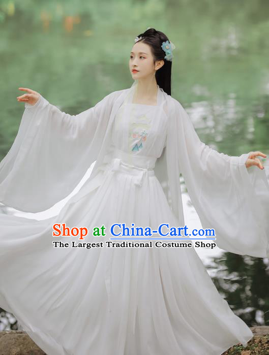 Chinese Ming Dynasty Young Female Costumes Traditional Hanfu Apparels Ancient Nobility Lady White Cape Blouse and Skirt Complete Set