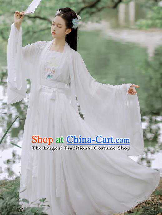 Chinese Ming Dynasty Young Female Costumes Traditional Hanfu Apparels Ancient Nobility Lady White Cape Blouse and Skirt Complete Set