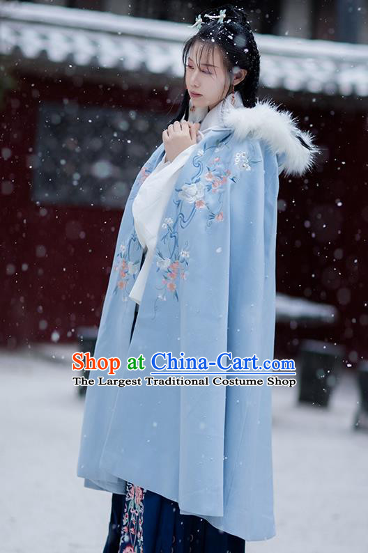 Chinese Ming Dynasty Embroidered Blue Hooded Cloak Costumes Traditional Ancient Hanfu Garment Winter Woolen Cape for Women