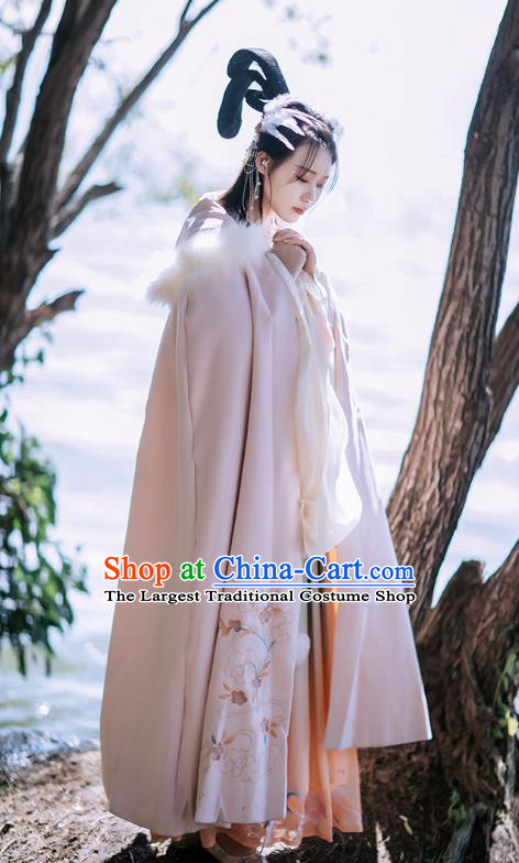 Chinese Ming Dynasty Embroidered Cloak Costumes Traditional Ancient Hanfu Garment Winter Pink Woolen Long Cape for Women