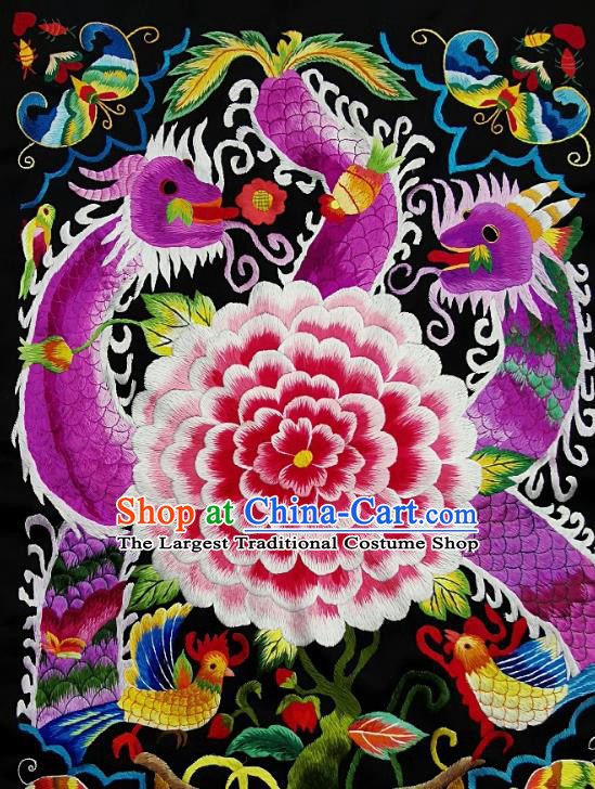 Chinese Traditional Embroidered Deep Purple Dragon Peony Fabric Patches Handmade Embroidery Craft Miao Ethnic Accessories Embroidering Applique