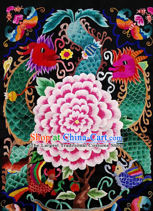 Chinese Traditional Embroidered Green Dragon Peony Fabric Patches Handmade Embroidery Craft Miao Ethnic Accessories Embroidering Applique