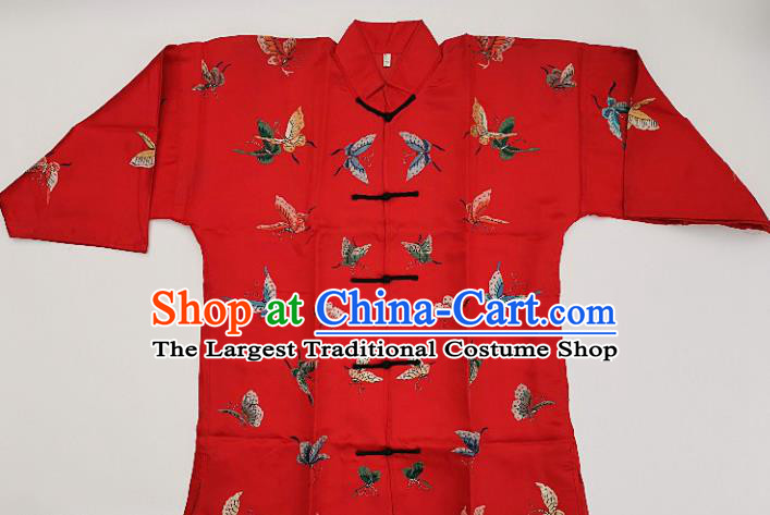 Chinese Traditional Embroidered Butterfly Red Blouse Handmade Embroidery Costume Tang Suit Upper Outer Garment for Women