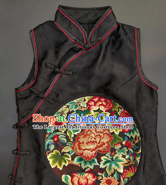 Chinese Traditional Embroidered Peony Black Silk Vest Handmade Embroidery Costume Tang Suit Waistcoat for Adult