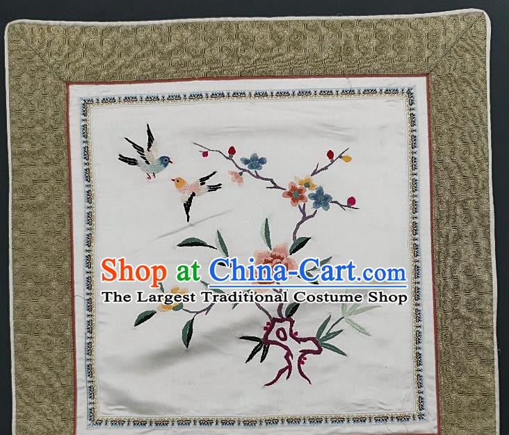 Traditional Chinese Embroidered Plum Fabric Patches Handmade Embroidery Craft Accessories Embroidering Peony Bird White Silk Cushion Applique
