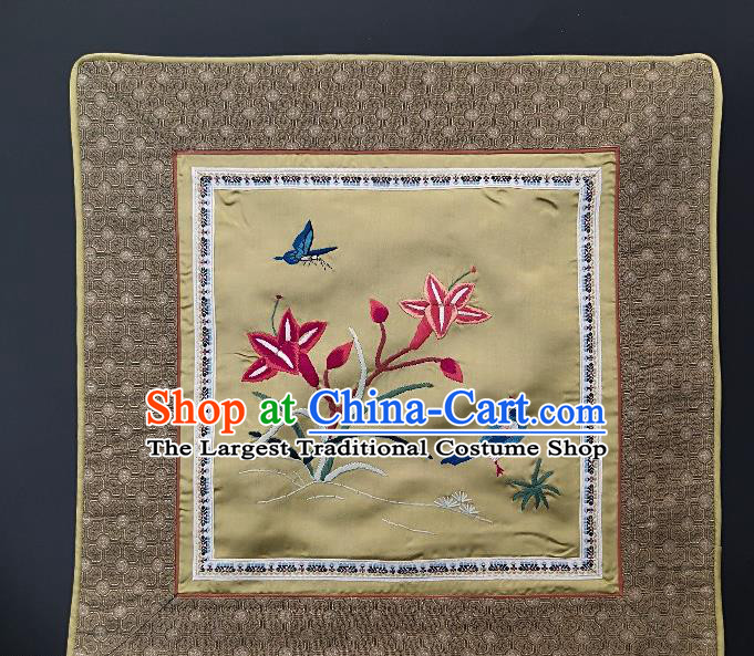 Traditional Chinese Embroidered Red Orchid Fabric Patches Handmade Embroidery Craft Accessories Embroidering Bird Yellow Silk Cushion Applique