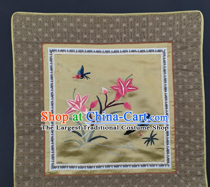 Traditional Chinese Embroidered Orchid Bird Fabric Patches Handmade Embroidery Craft Accessories Embroidering Yellow Silk Cushion Applique