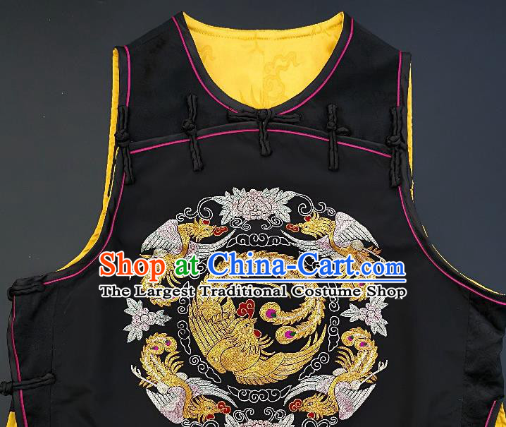 Chinese Traditional Embroidered Phoenix Black Silk Vest Handmade Embroidery Costume Tang Suit Waistcoat for Adult