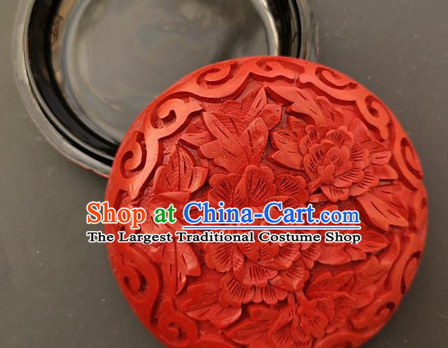 Chinese Traditional Handmade Carving Peony Flower Red Lacquer Rouge Box Lacquerware Craft Inkpad Box