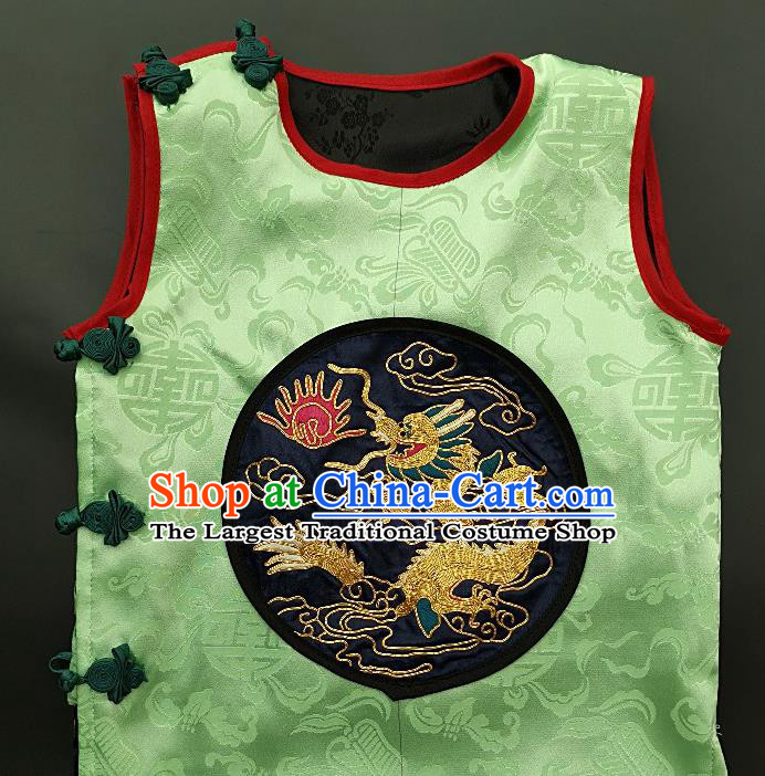 Chinese Traditional Embroidered Dragon Vest Handmade Embroidery Costume Tang Suit Green Silk Waistcoat for Kids