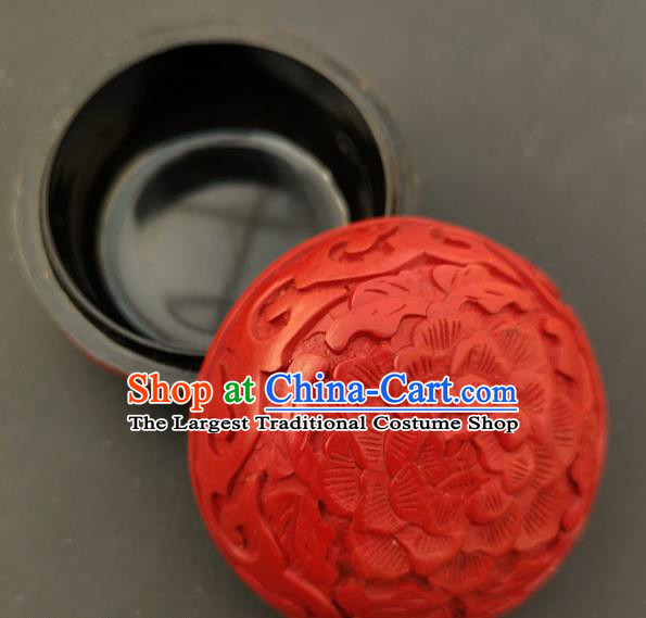 Chinese Traditional Carving Peony Lacquer Rouge Box Handmade Lacquerware Craft Red Inkpad Box