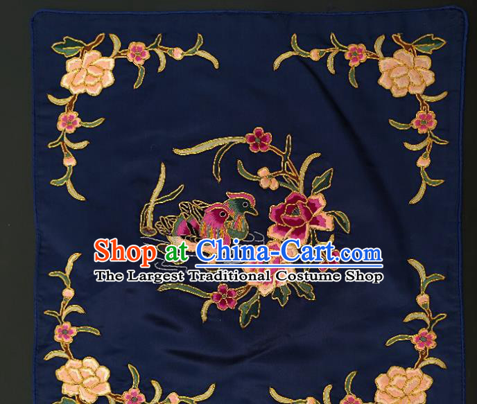 Chinese Traditional Embroidered Mandarin Duck Peony Fabric Patches Handmade Embroidery Craft Embroidering Navy Silk Applique Cushion Accessories