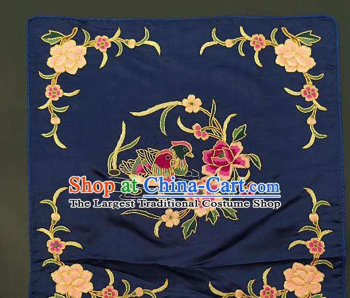 Chinese Traditional Embroidered Pink Peony Mandarin Duck Fabric Patches Handmade Embroidery Craft Embroidering Navy Silk Applique Cushion Accessories