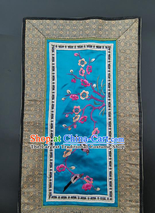 Chinese Traditional Embroidered Plum Birds Picture Handmade Embroidery Craft Embroidering Blue Silk Decorative Painting