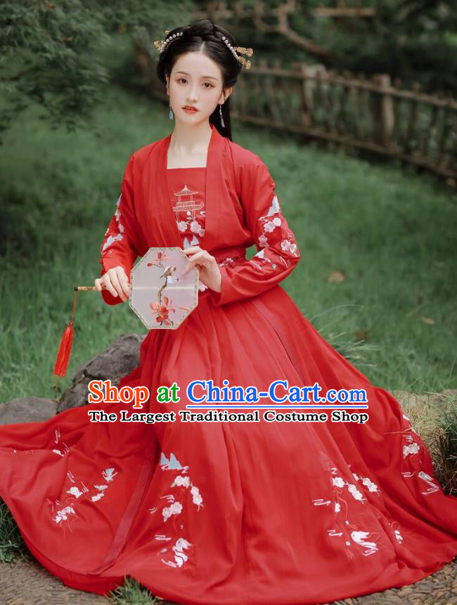 Chinese Tang Dynasty Embroidered Costumes Traditional Ancient Princess Hanfu Garment Red Cloak Blouse and Skirt for Women