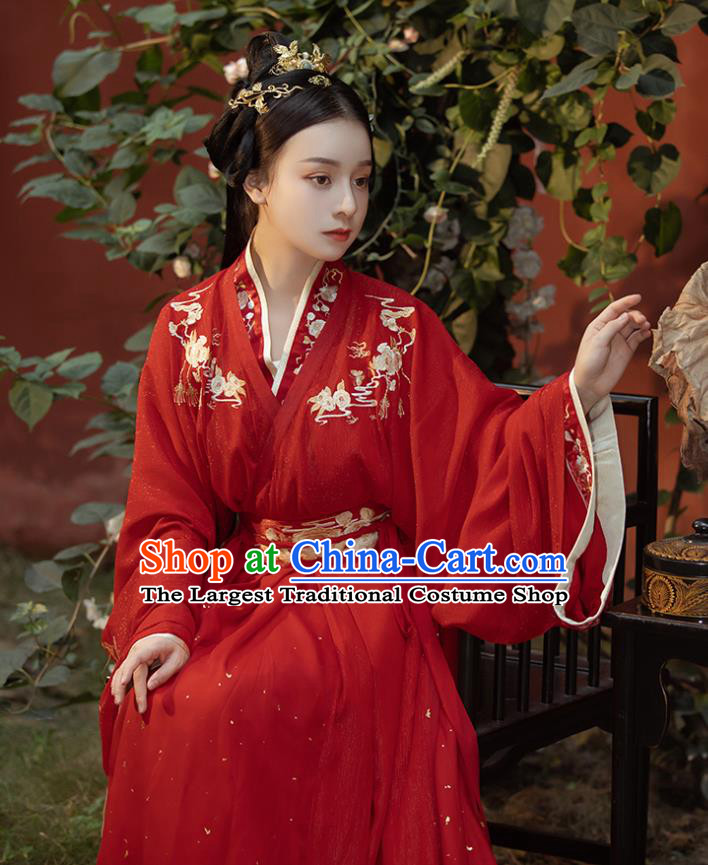 Traditional Chinese Jin Dynasty Princess Costumes Ancient Wedding Hanfu Garment Embroidered Red Blouse and Skirt for Patrician Woman