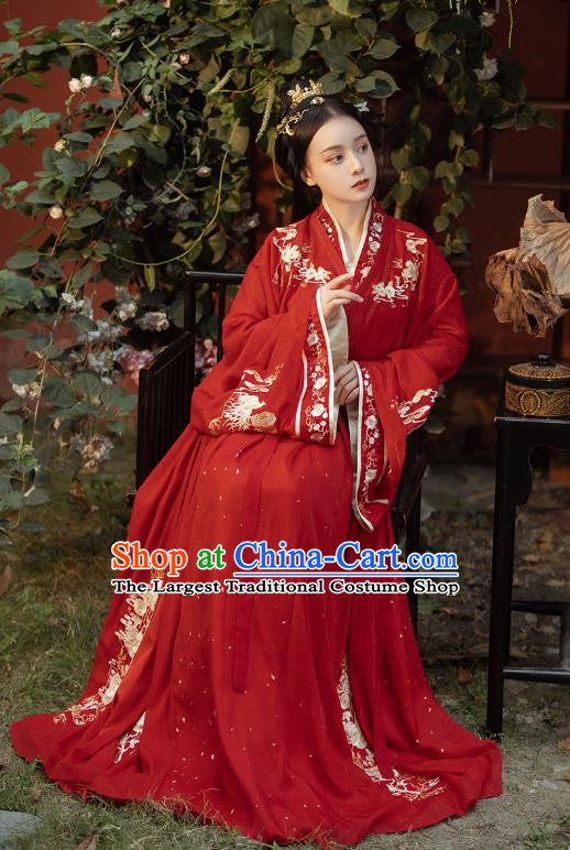 Traditional Chinese Jin Dynasty Princess Costumes Ancient Wedding Hanfu Garment Embroidered Red Blouse and Skirt for Patrician Woman