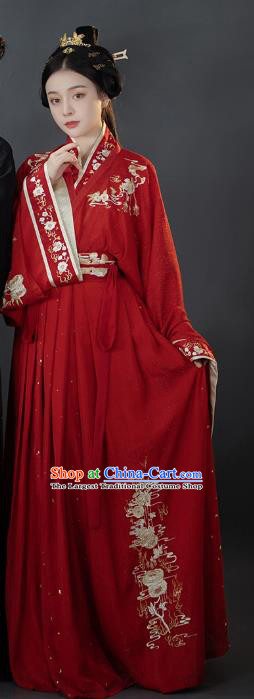 Traditional Chinese Jin Dynasty Princess Costumes Ancient Wedding Hanfu Garment Embroidered Red Blouse and Skirt for Patrician Woman