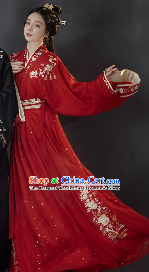 Traditional Chinese Jin Dynasty Princess Costumes Ancient Wedding Hanfu Garment Embroidered Red Blouse and Skirt for Patrician Woman