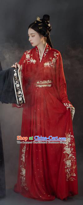 Traditional Chinese Jin Dynasty Princess Costumes Ancient Wedding Hanfu Garment Embroidered Red Blouse and Skirt for Patrician Woman