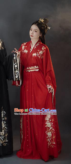 Traditional Chinese Jin Dynasty Princess Costumes Ancient Wedding Hanfu Garment Embroidered Red Blouse and Skirt for Patrician Woman