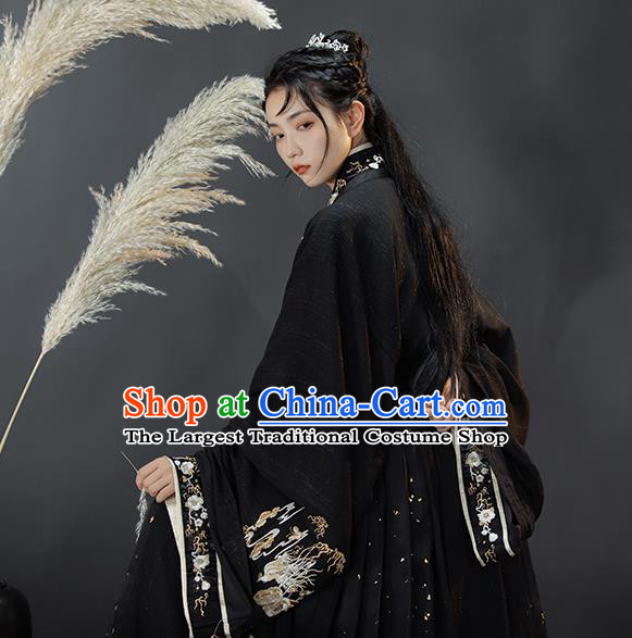 Traditional Chinese Jin Dynasty Swordsman Costumes Ancient Noble Childe Hanfu Garment Embroidered Black Blouse and Skirt Full Set