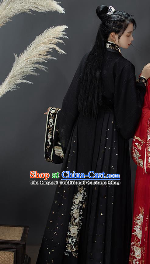 Traditional Chinese Jin Dynasty Swordsman Costumes Ancient Noble Childe Hanfu Garment Embroidered Black Blouse and Skirt Full Set