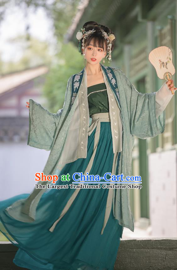 Traditional Chinese Song Dynasty Court Costumes Ancient Princess Hanfu Garment Embroidered Green BeiZi Blouse Top and Skirt Complete Set