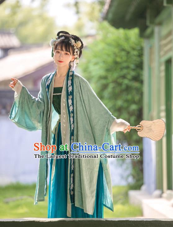 Traditional Chinese Song Dynasty Court Costumes Ancient Princess Hanfu Garment Embroidered Green BeiZi Blouse Top and Skirt Complete Set