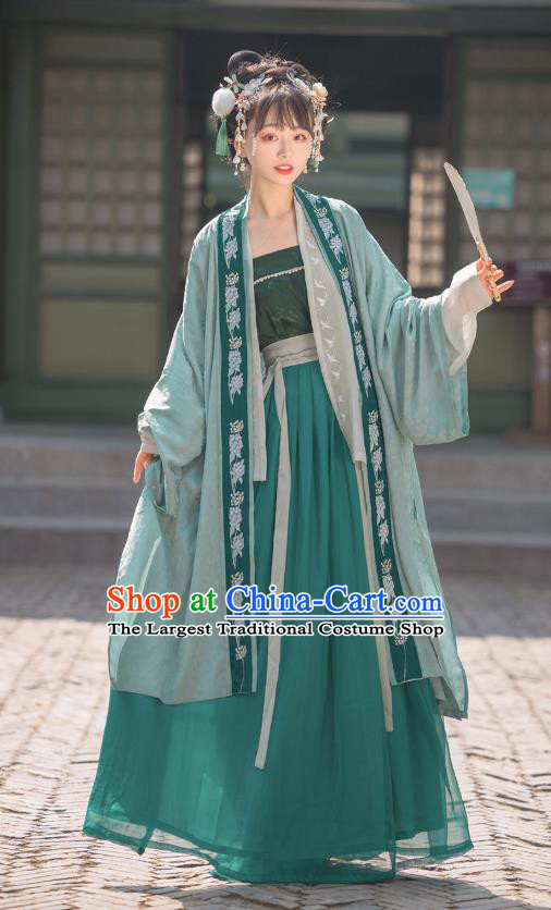 Traditional Chinese Song Dynasty Court Costumes Ancient Princess Hanfu Garment Embroidered Green BeiZi Blouse Top and Skirt Complete Set