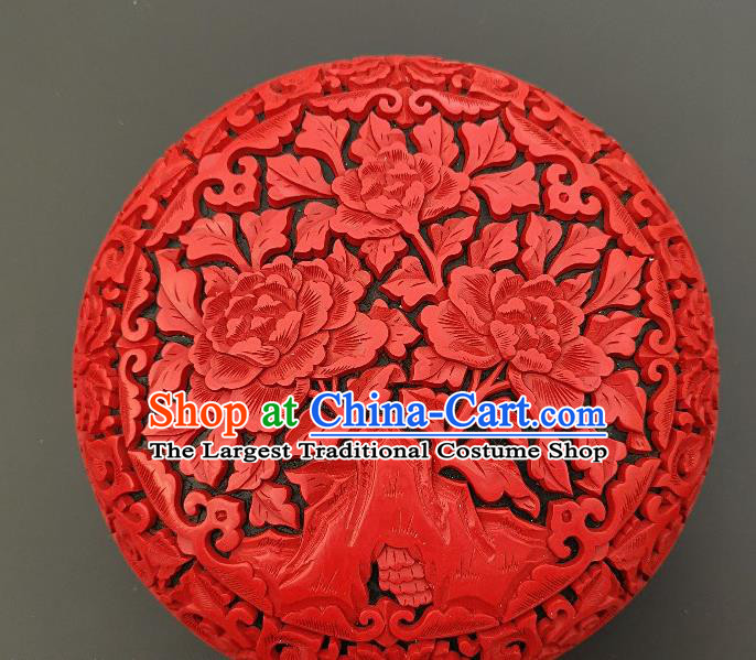 Chinese Handmade Carving Peony Lacquer Inkpad Box Traditional Lacquerware Craft Wedding Red Rouge Box