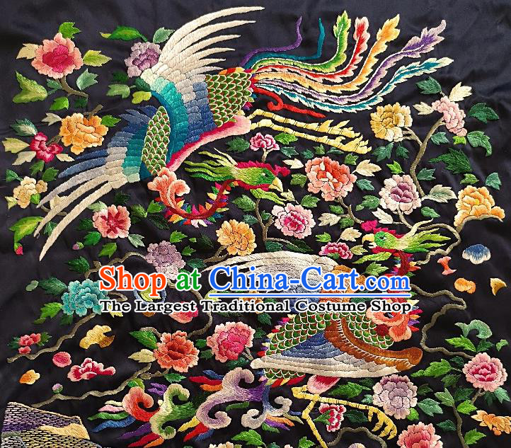 Traditional Chinese Embroidered Phoenix Peony Black Silk Fabric Patches Handmade Embroidery Craft Accessories Embroidering Dress Applique
