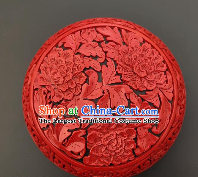 Chinese Handmade Carving Peony Round Lacquer Inkpad Box Traditional Lacquerware Craft Wedding Red Rouge Box